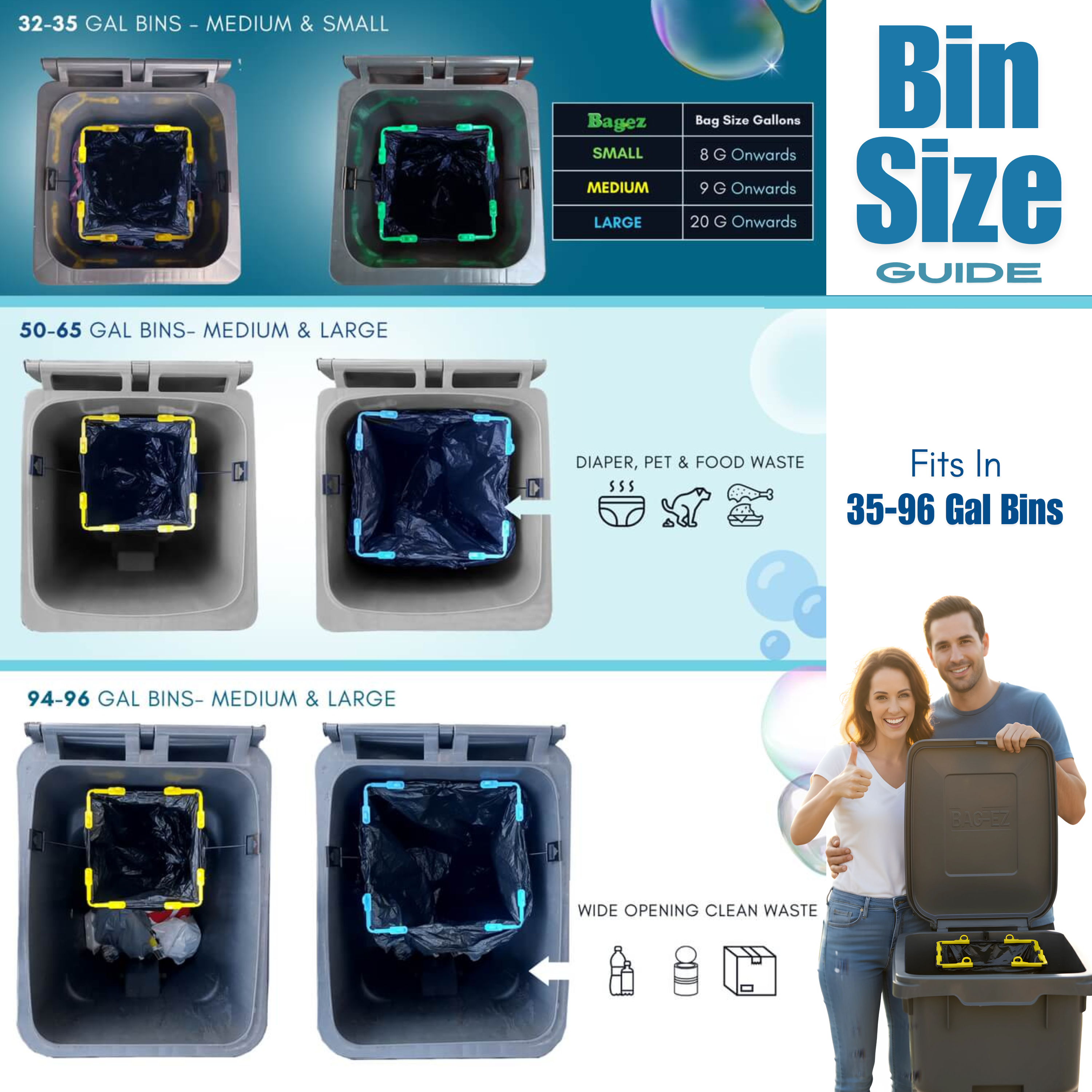 Bin size guide with illustrations of different bin sizes and a couple using a trash bin.