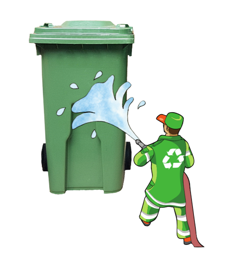 Person in green uniform with recycling symbol cleaning a green trash bin with water.