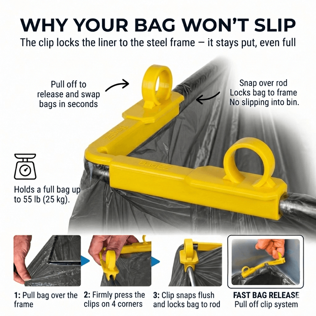 Yellow clip mechanism for holding bags to a frame with instructional text and images.