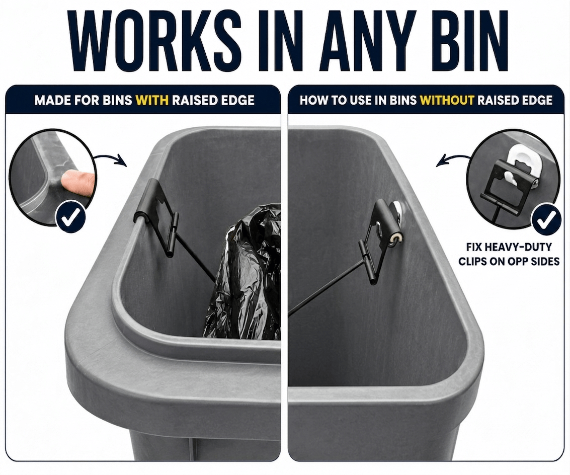 Instructions on using a trash bag holder for bins with and without raised edges.