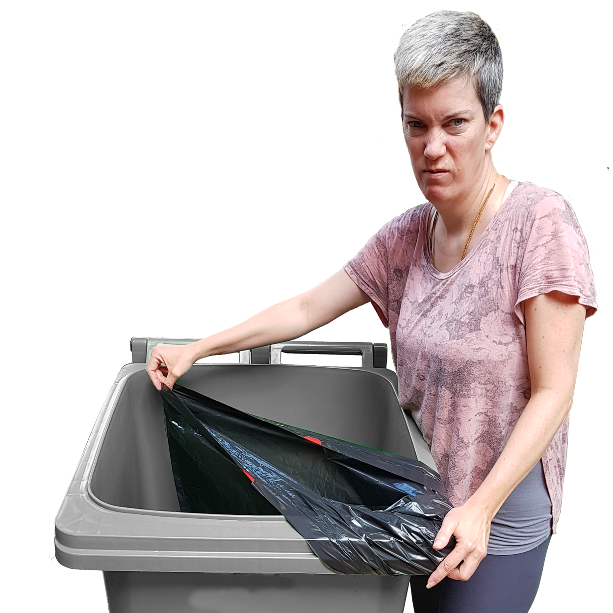 The woman is unable to fit a black trash bag over a gray trash bin because it's too small. White background