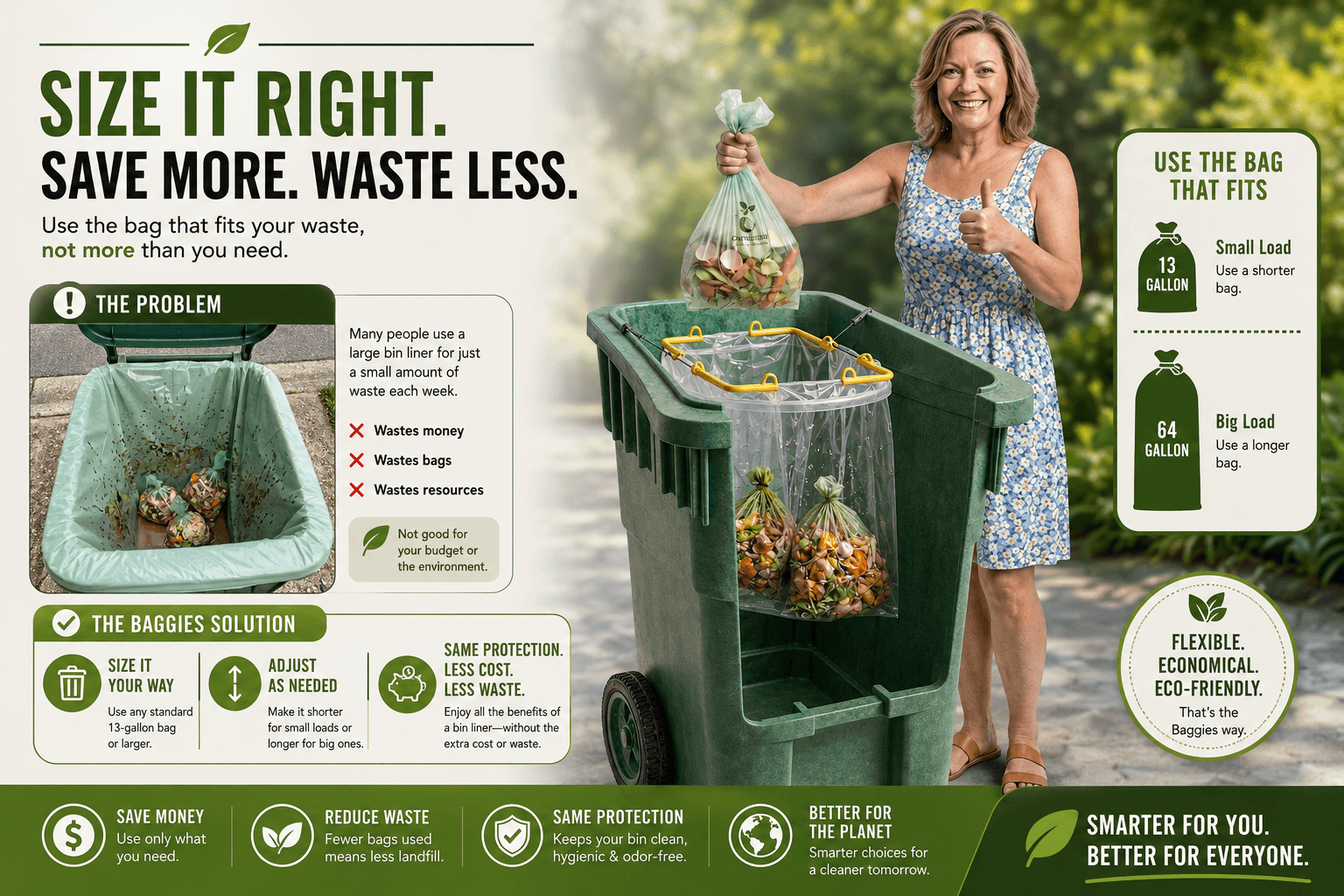 Advertisement for eco-friendly waste management system with a woman using it outdoors.