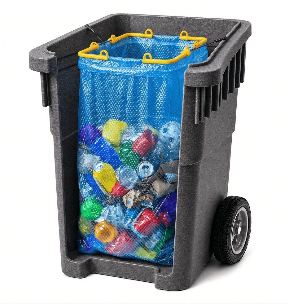 Gray trash bin with a blue mesh bag filled with colorful plastic bottles on a white background