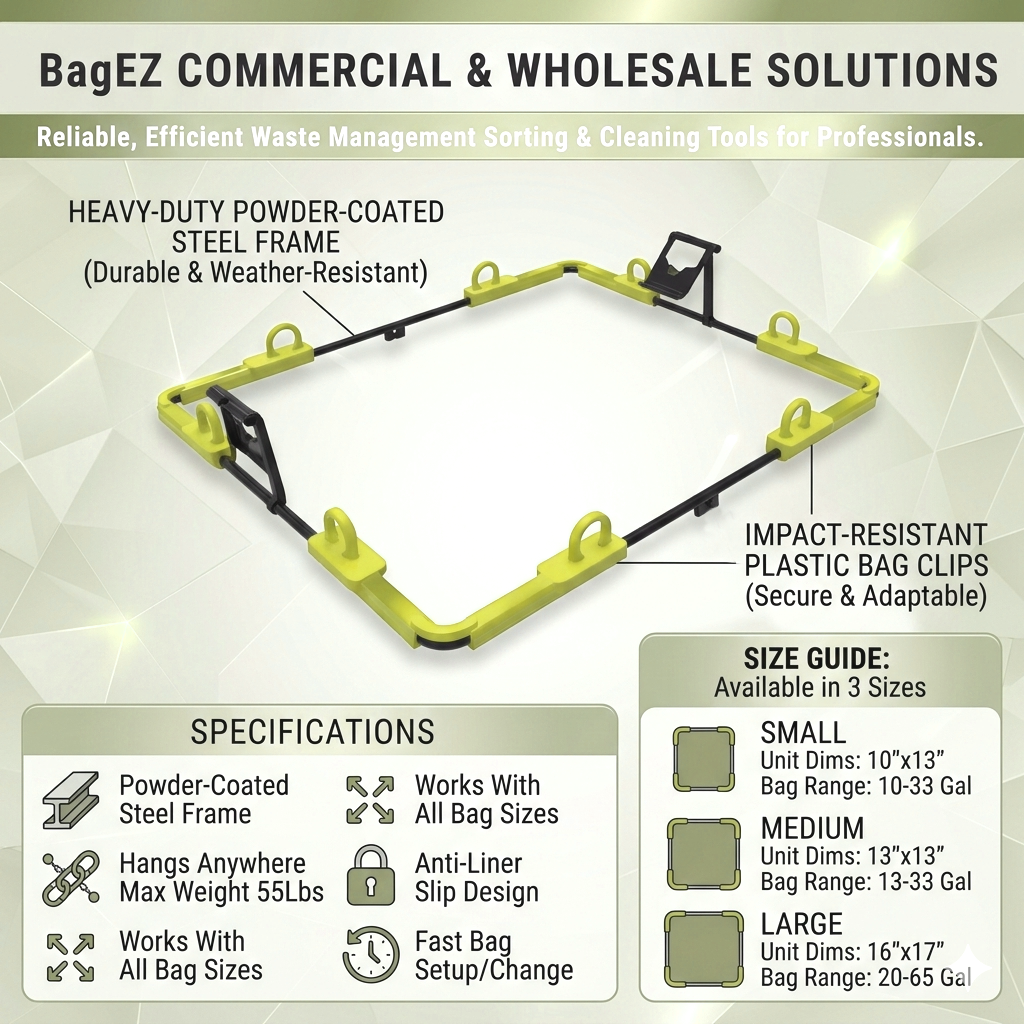 BagEZ commercial and wholesale solution with specifications and features on a geometric background