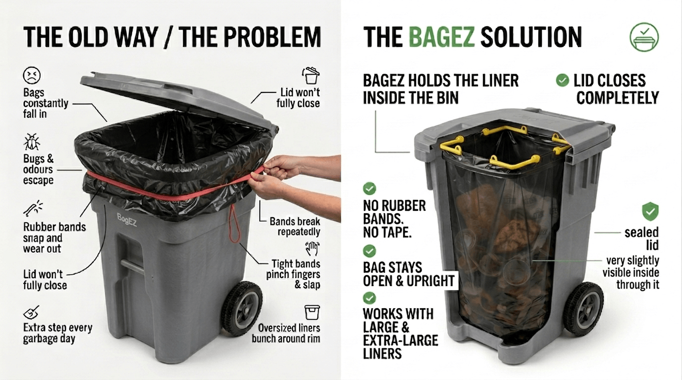 Comparison chart showing the 'Old Way' and 'BAGEZ Solution' for trash can liners with illustrations and text.