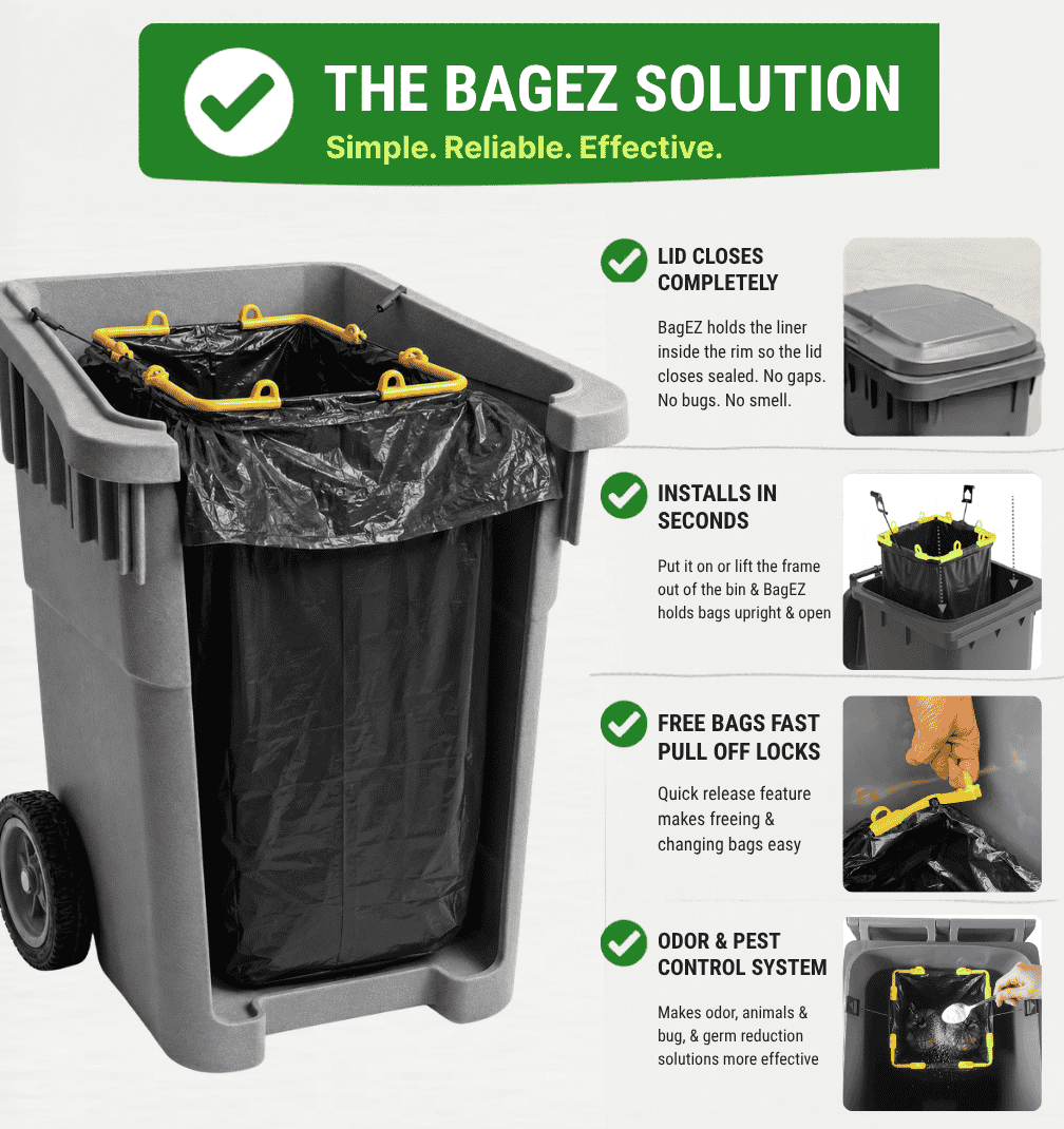 Bagez trash bin solution with features highlighted on a white background