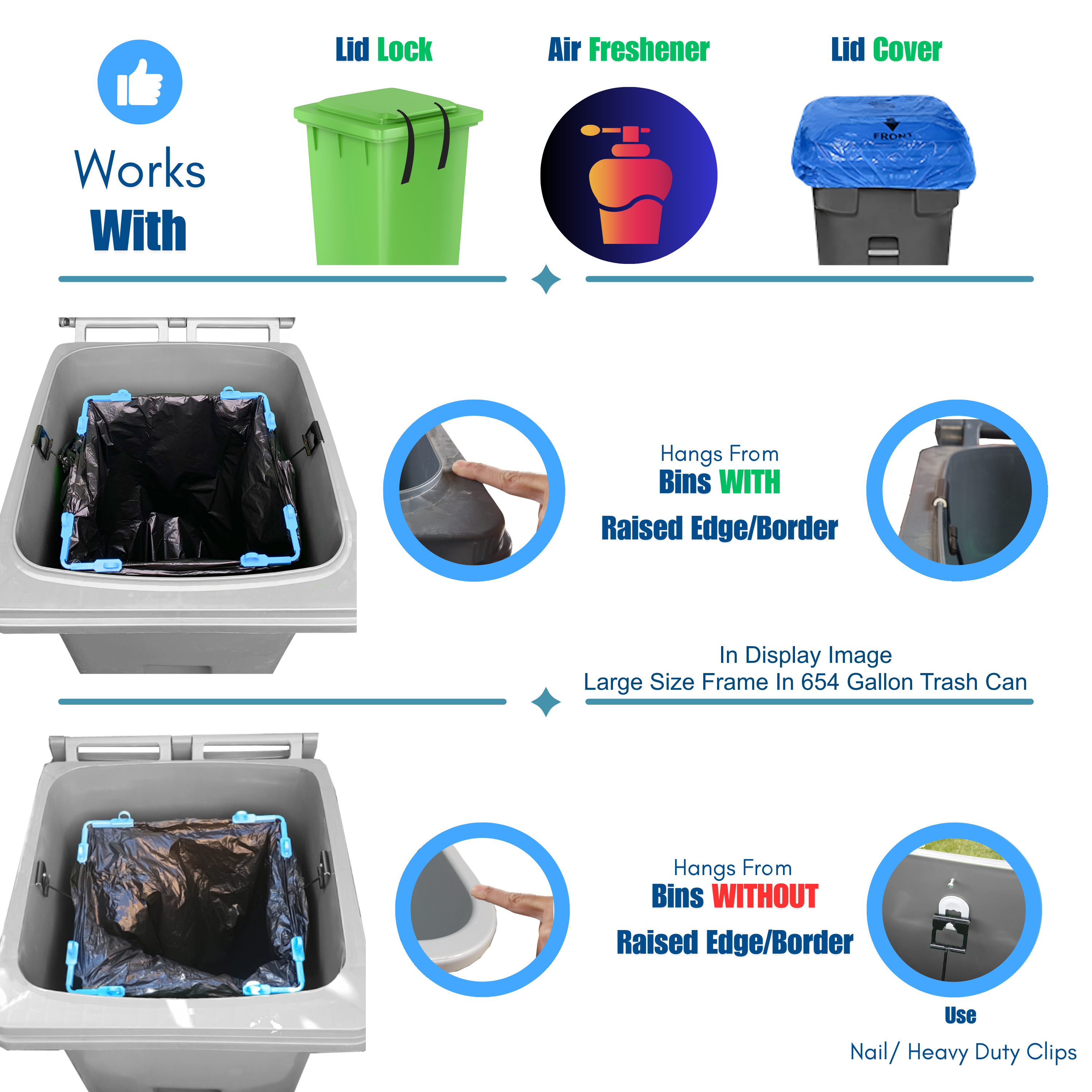 Product features of a trash can system with lid lock, air freshener, and lid cover on a white background.