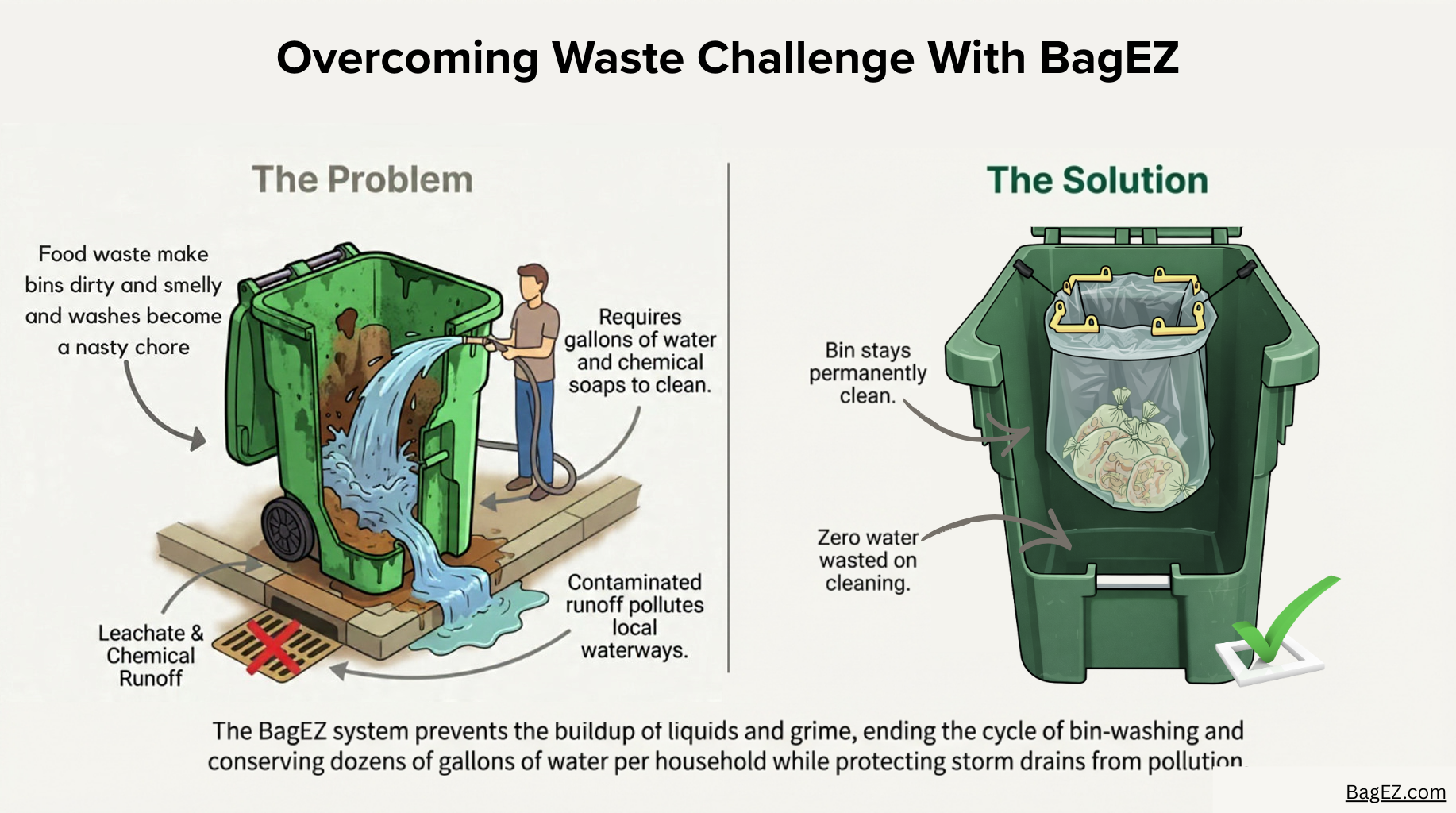 Diagram showing the problem of cleaning a dirty bin and the solution provided by BagEZ system.