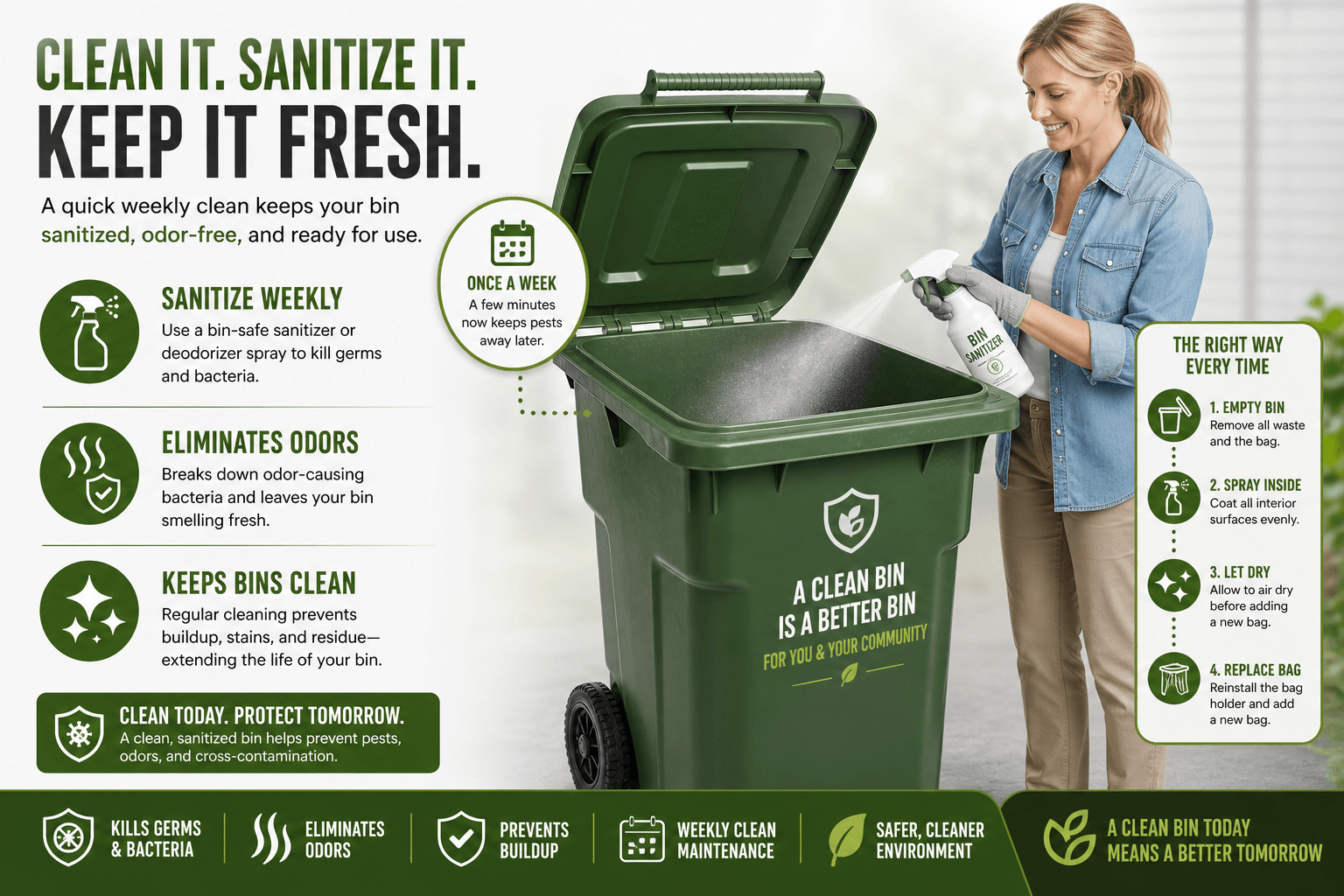 Woman cleaning a green trash bin with text on cleanliness and sanitation.