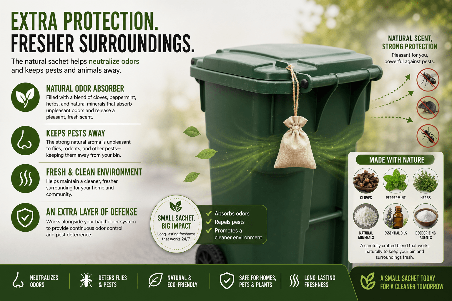 Green trash bin with a natural odor-absorbing sachet on a white background