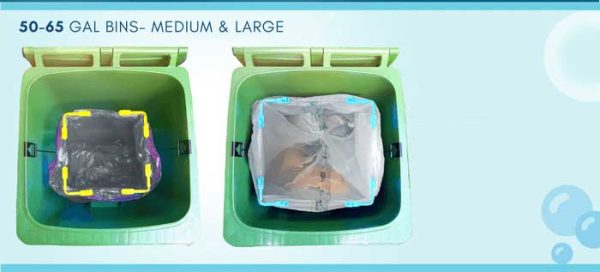 Size guide for BagEZ trash can bag holders for 50-64 gallon green bins on a blue background