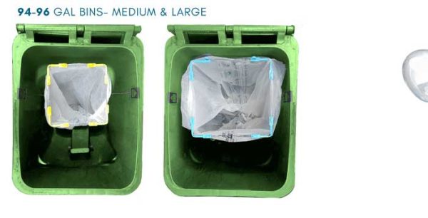 Size guide for BagEZ trash can bag holders for 94-96 gallon green bins