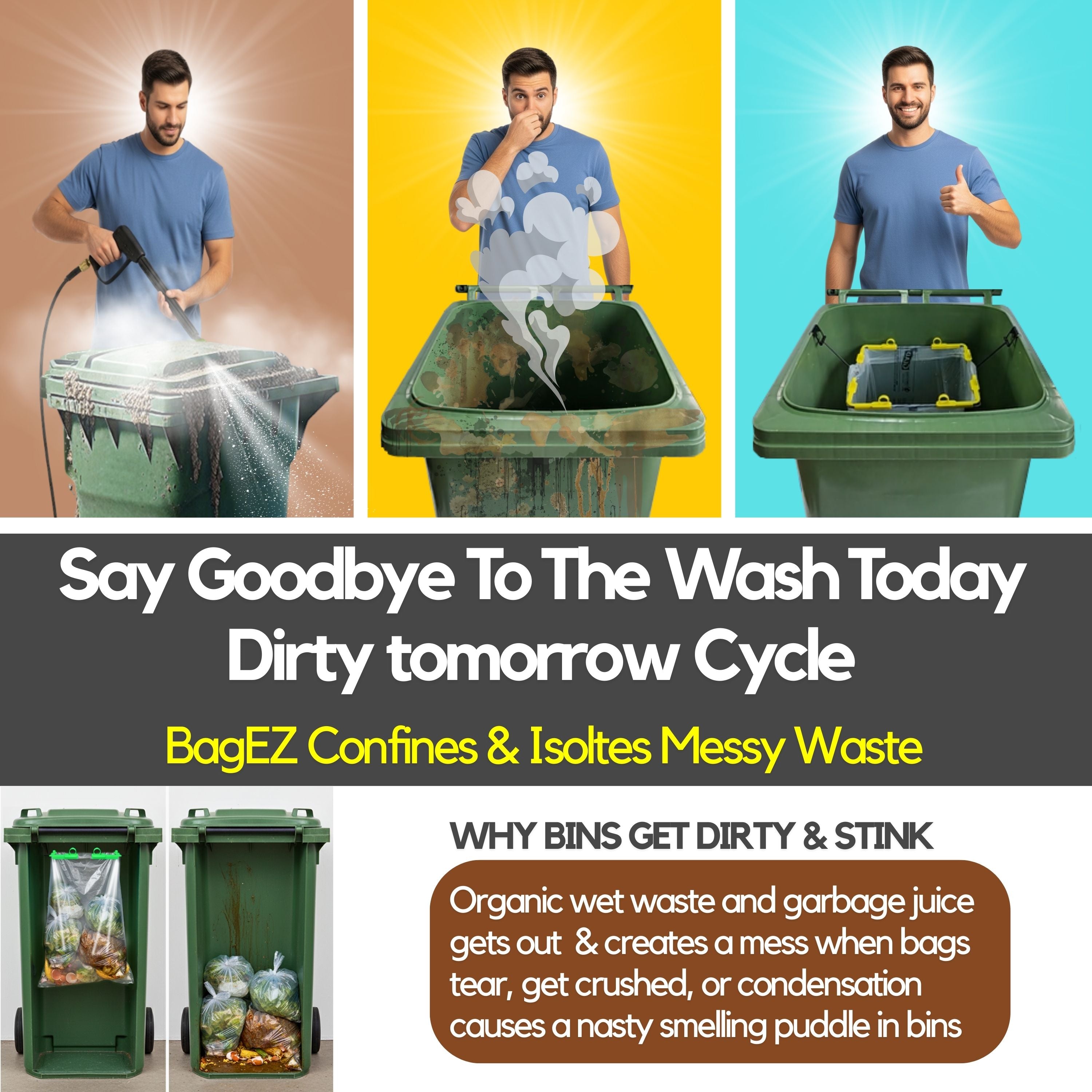 Advertisement for BagEZ waste management product showing a man using it and text about confining and isolating messy waste.