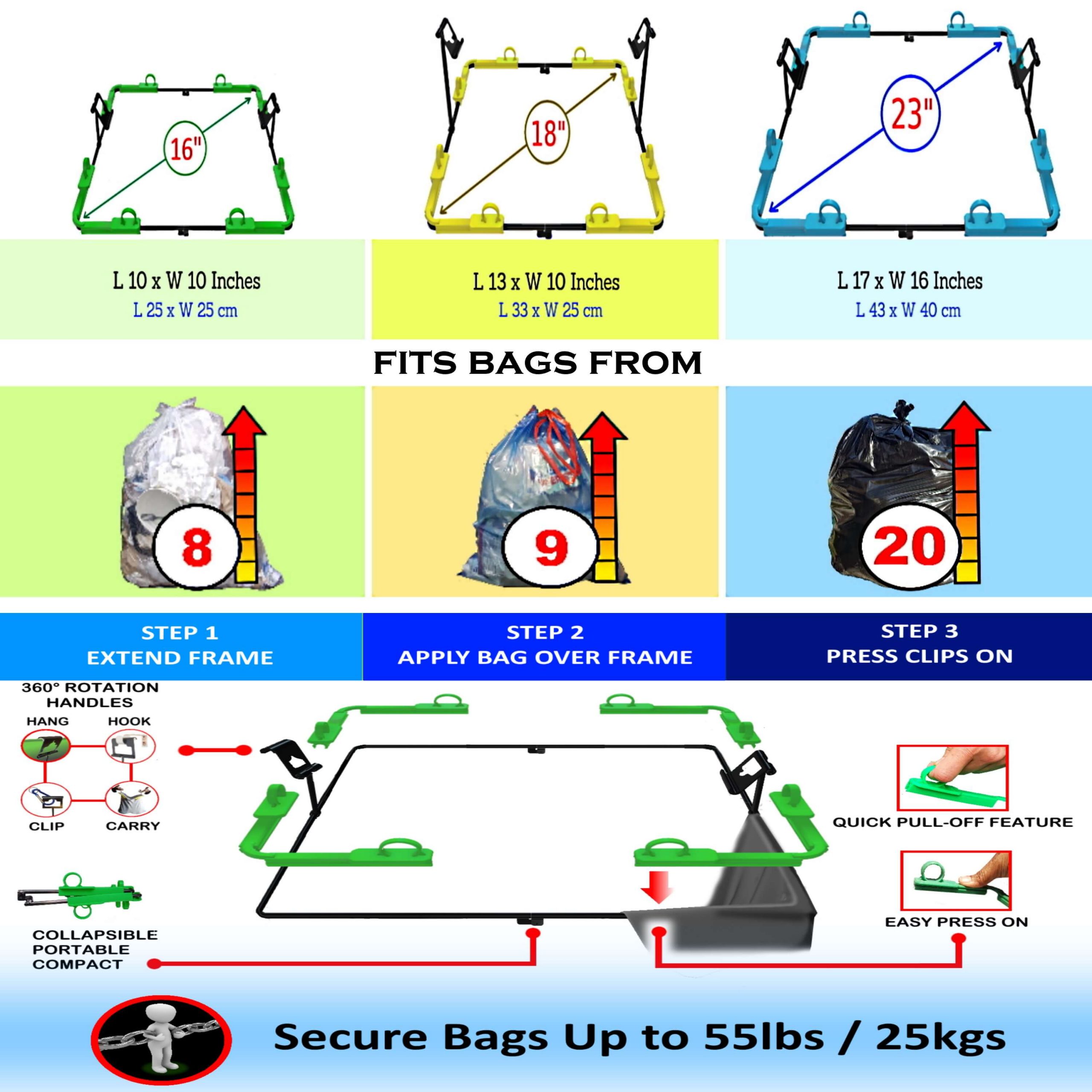 BagEZ trash bag holders size guide & use sheet